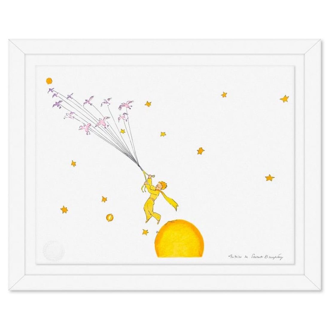 Antoine de Saint-Exupery 1900-1944 (After), "The Little Prince Flying Away" Framed Limited Edition: The Little Prince Flying Away is a limited edition lithograph on paper by Antoine de Saint-Exupery 1900-1944 (After), bearing the plate signature of the artist.This piece comes from an edition of 300 