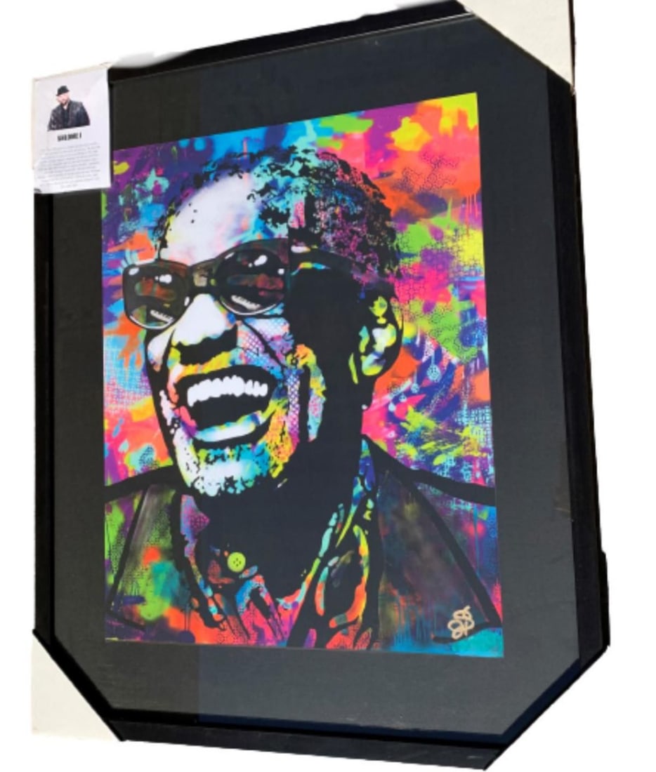 Shlomi J- Mixed media on paper "Ray Charles": Artist: Shlomi J. Medium: Mixed media on paper. Title: Ray Charles. Size: 24" x 18". Measures approx. 28" x 24" (framed). Signature: Hand Signed. Reference#: 28035.