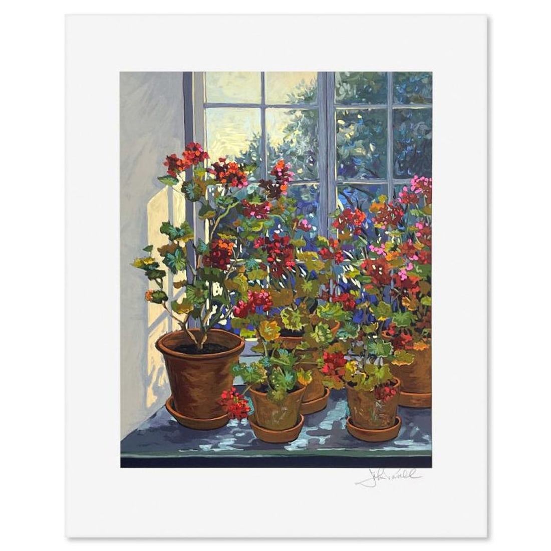 John Powell, "Geraniums" Limited Edition Serigraph, Numbered and Hand Signed with Letter of: Geraniums is a limited edition serigraph on paper by John Powell, numbered and hand signed by the artist. Includes Letter of Authenticity. Measures approx. 18.5" x 15" (border), 14" x 11" (image). Ref