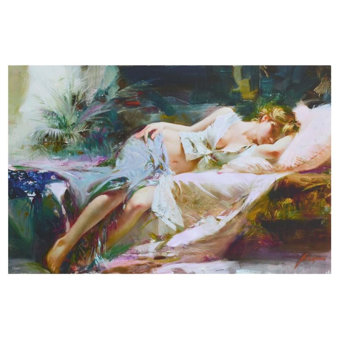 Pino (1939-2010), "Lost in Dreams" Limited Edition Hand Embellished Giclee on Canvas. Numbered and: Pino's portraits allow glimpses into intensely personal, intimate spaces, conveying emotion through rich, warm color and sensual brushwork. "Lost in Dreams" is a hand embellished limited edition gicle
