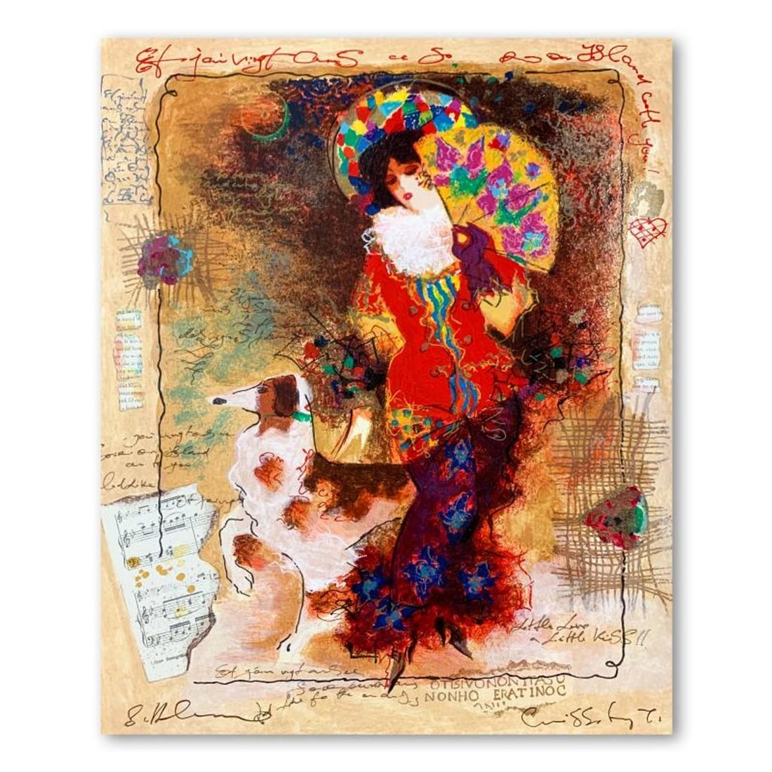 Alexander Galtchansky (1959-2008) and Tanya Wissotzky (1959-2006), "Lady with Dog" Hand Signed: Lady with Dog is a limited edition serigraph on deckle edged paper by Alexander Galtchansky (1959-2008) and Tanya Wissotzky (1959-2006). It is numbered and hand signed and includes a letter of authent