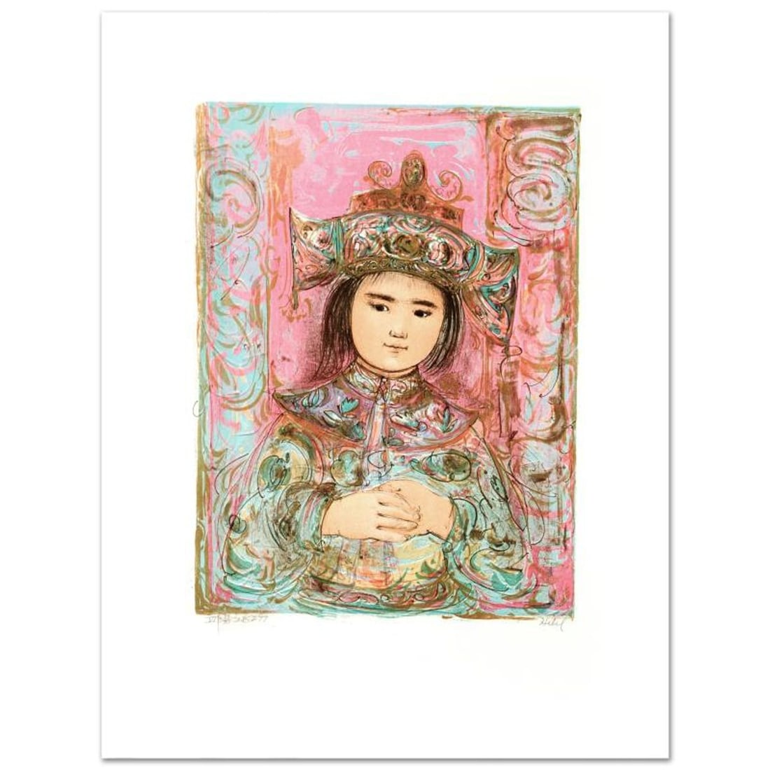Child of the East Limited Edition Lithograph by Edna Hibel (1917-2014), Numbered and Hand Signed: Child of the East is a limited edition lithograph on paper, numbered and hand signed by Edna Hibel (1917-2014). Includes Certificate of Authenticity! Measures approx. 20" x 26" (with border), 13" x 17