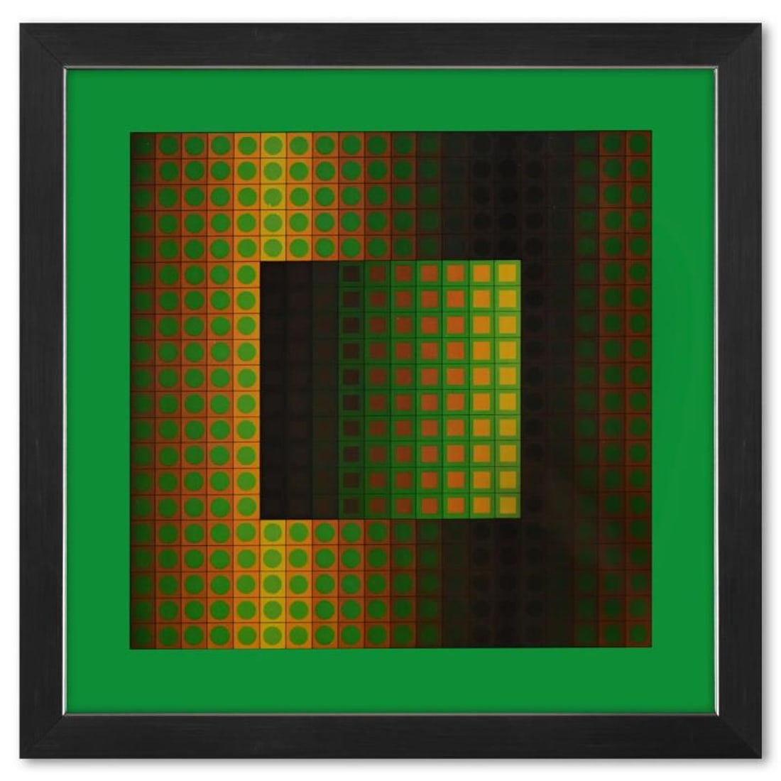 Victor Vasarely (1908-1997), "Zett - ZS de la serie Folklore Planetaire" Framed 1971 Heliogravure: Zett - ZS de la serie Folklore Planetaire is a heliogravure print on paper, published in 1971, by Victor Vasarely (1908-1997). This piece comes custom framed, with a letter of authenticity and with a 