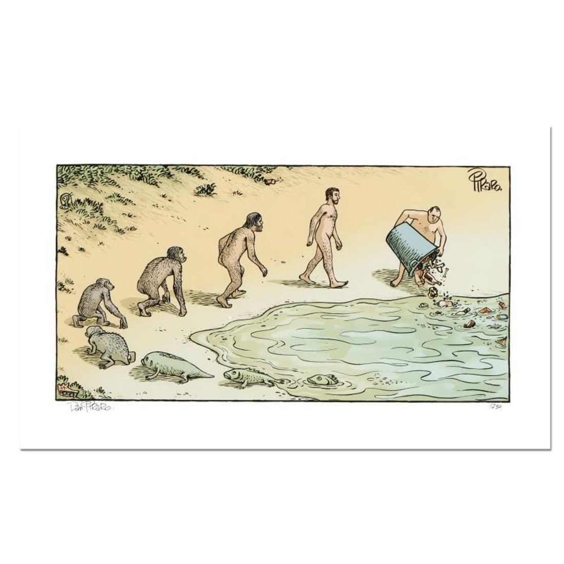 Bizarro, "Evolution Trash" Numbered Limited Edition Hand Signed by creator Dan Piraro; Letter of: Evolution Trash is a limited edition giclee on paper by Dan Piraro, creator of the critically acclaimed and award winning comic strip, Bizarro! This piece is numbered and hand signed by the artist and