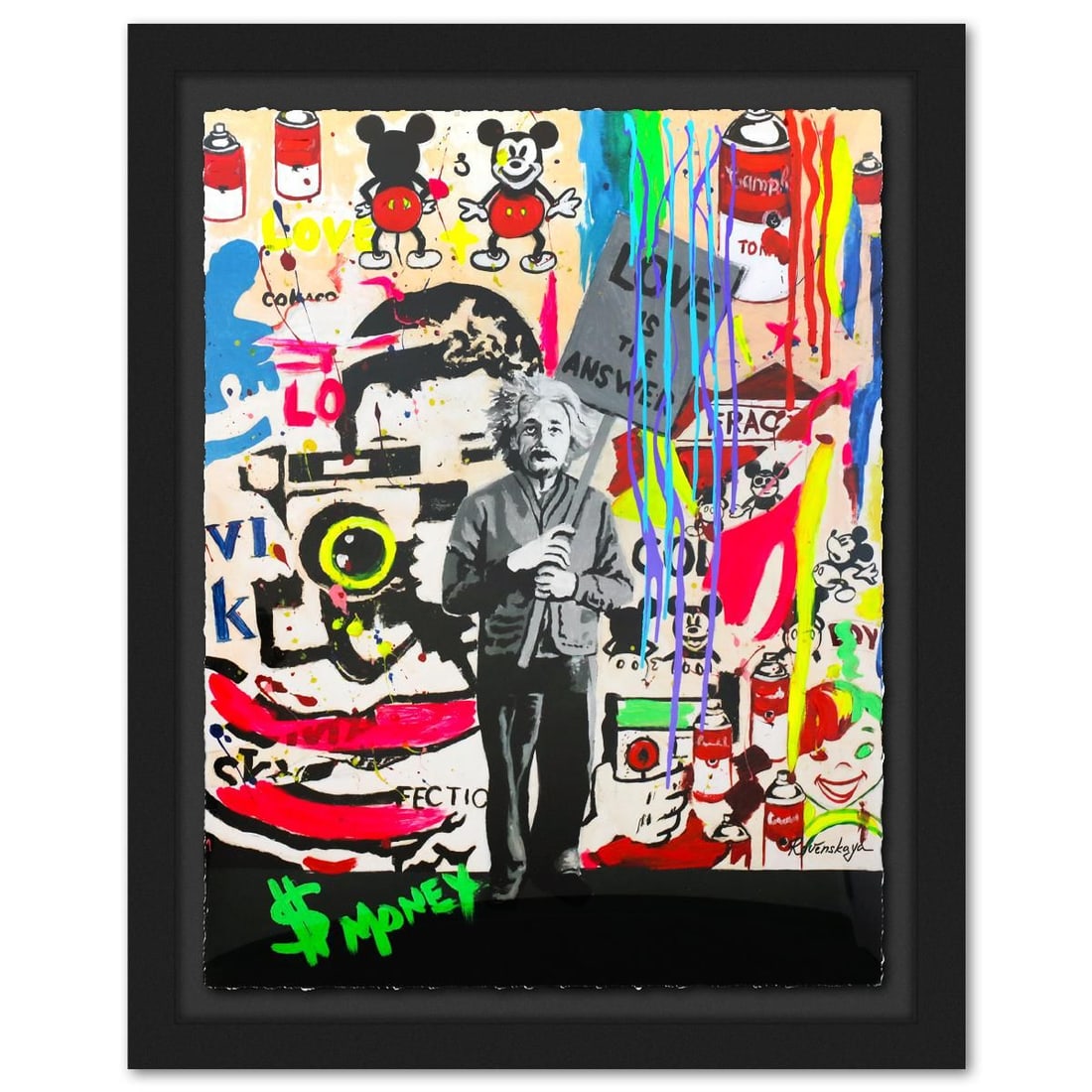 Nastya Rovenskaya- Original Mixed Media on Deckle Edge Paper "Einstein's Placard": Artist: Nastya Rovenskaya. Medium: Original Mixed Media on Deckle Edge Paper. Title: Einstein's Placard. Size: 50" x 38". Measures approx. 60" x 48" (framed). Signature: Hand Signed by the artist. Cer