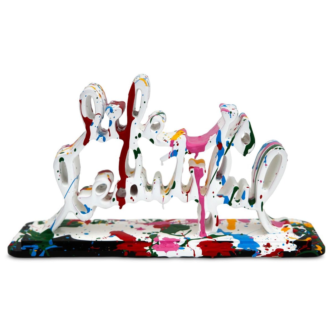 Mr Brainwash- Acrylic Dipped and Splashed Cast Resin Sculpture in Plexiglass Enclosure "Life Is: Artist: Mr Brainwash. Medium: Acrylic Dipped and Splashed Cast Resin Sculpture in Plexiglass Enclosure. Title: Life Is Beautiful - Dipped White Splash, 2020. Size: 6" x 10.5". Signature: Signed and nu