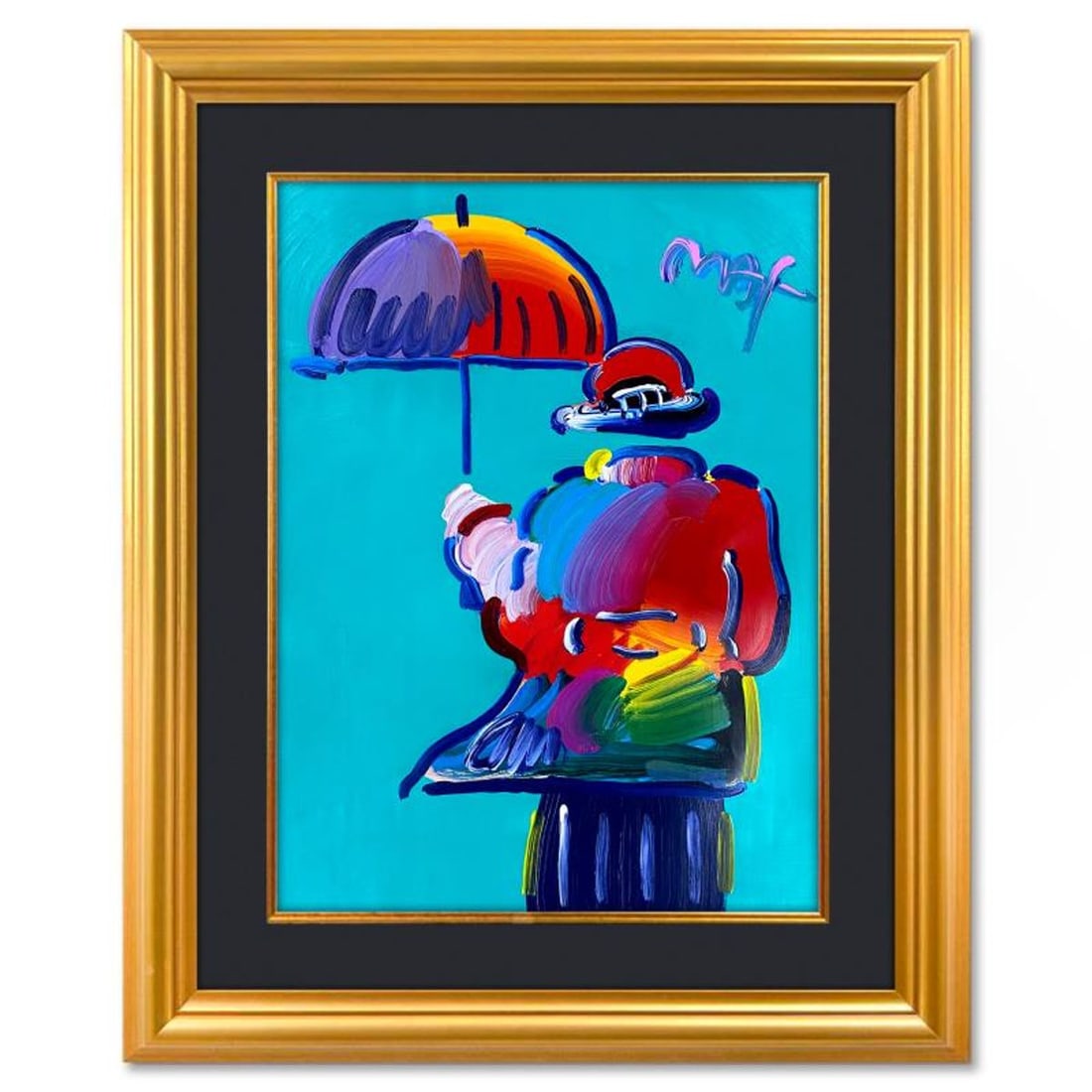Peter Max, "Umbrella Man" Framed One-of-a-Kind Mixed Media, Hand Signed with Registration Number (1 of 2)