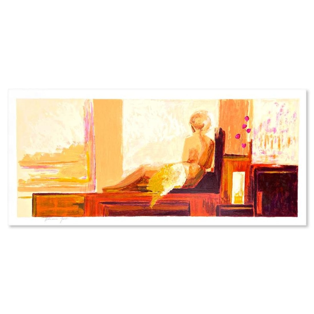 Adriana Naveh, "Relaxation" Hand Signed, Numbered Limited Edition Serigraph with Letter of: Relaxation is a limited edition serigraph on paper by Adriana Naveh. The piece comes hand signed by the artist, numbered, and with a letter of authenticity. Measures approximately 16.5" x 42". Referen