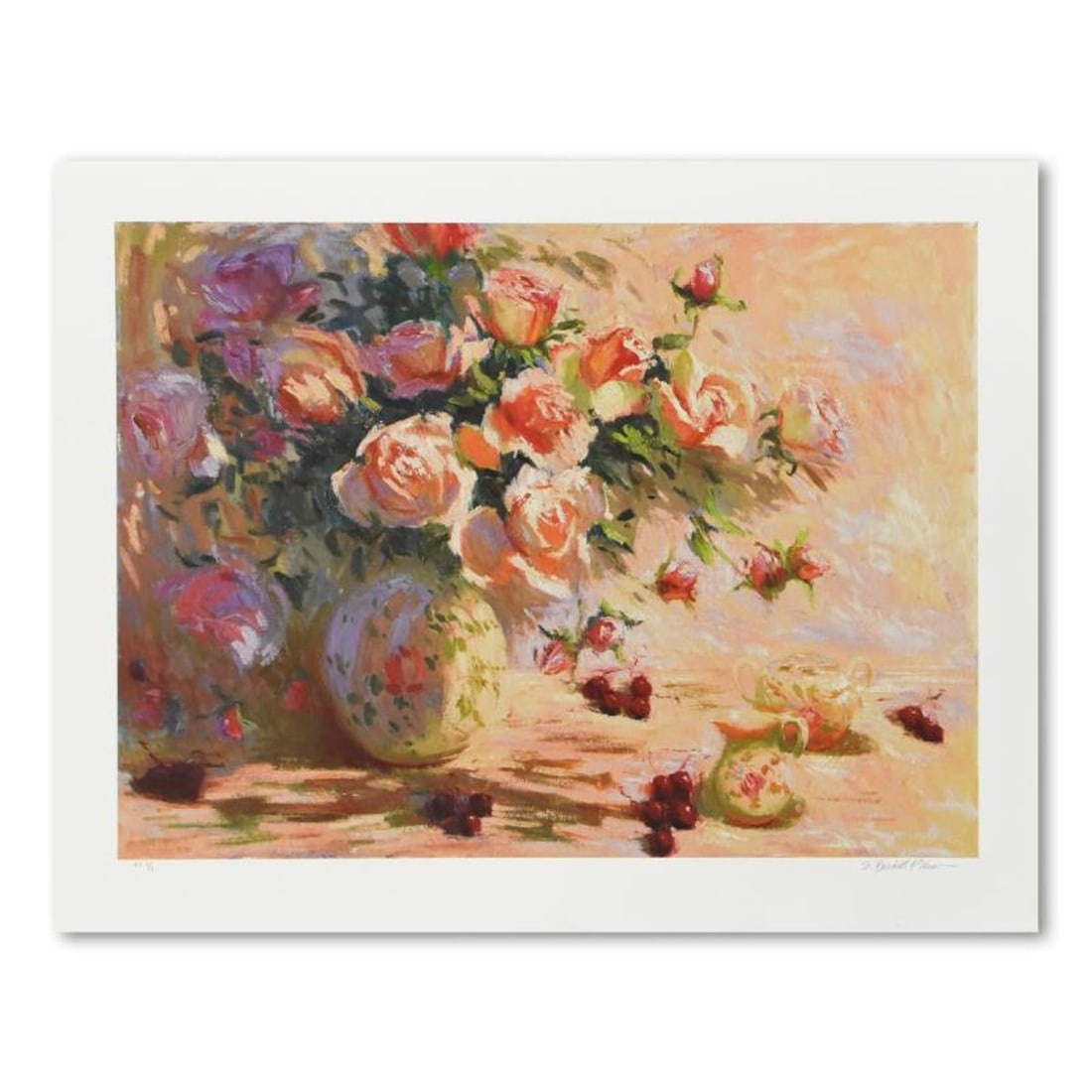 S. Burkett Kaiser, "Roses & Cherries" Limited Edition, Numbered and Hand Signed with Letter of: Roses & Cherries is a limited edition giclee on paper by S. Burkett Kaiser, numbered and hand signed by the artist. Includes Letter of Authenticity. Measures approx. 38" x 30.5" (border), 33" x 25" (i