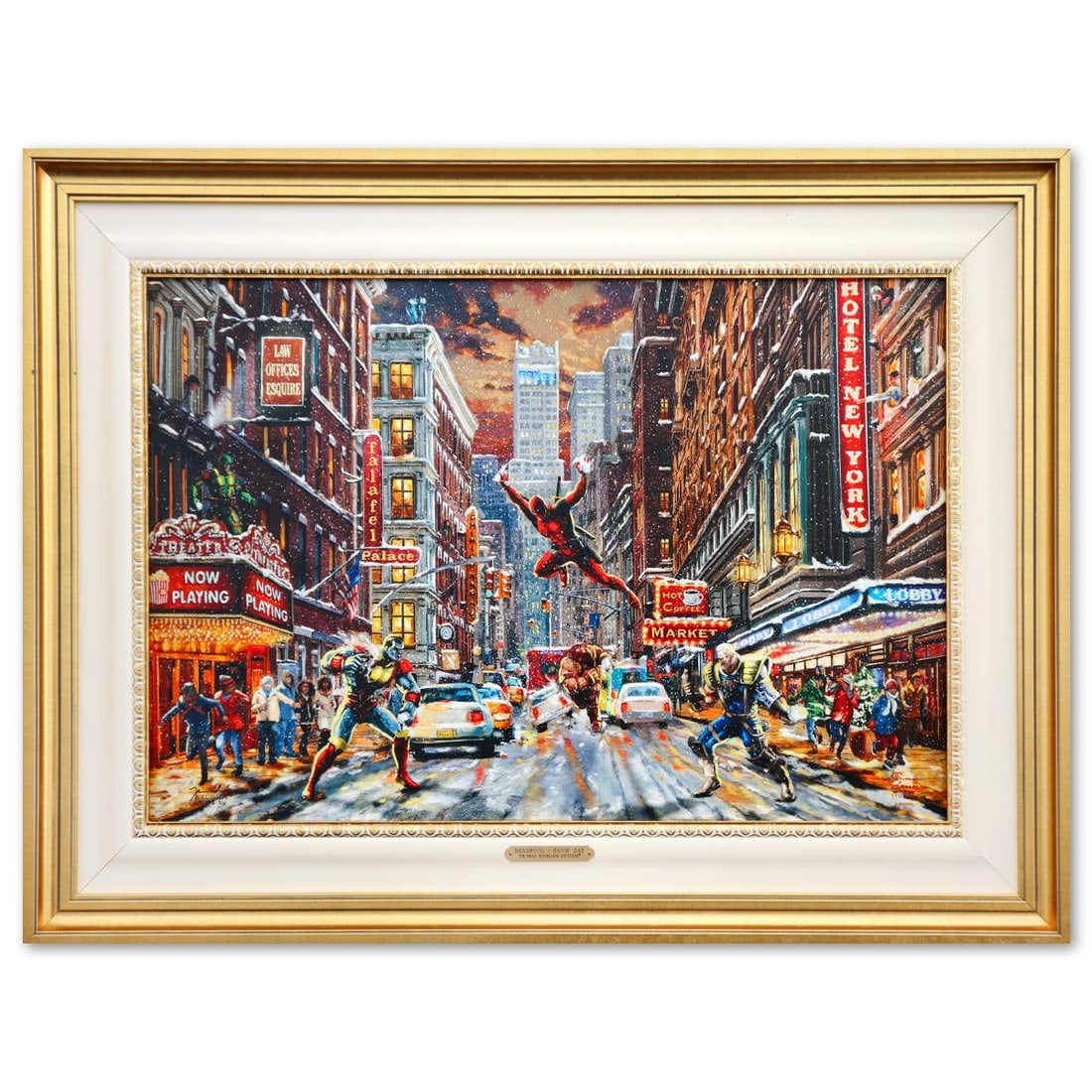 Thomas Kinkade- Hand Embellished Giclee on Canvas "Deadpool- Snow Day": Artist: Thomas Kinkade. Medium: Hand Embellished Giclee on Canvas. Title: Deadpool- Snow Day. Size: 17" x 26.5". Measures approx. 25.5" x 34.5" (framed). Signature: Hand signed and numbered. Certifica