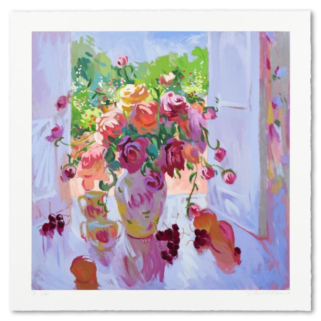 S. Burkett Kaiser, "Bouquet With Cherries" Limited Edition, Numbered and Hand Signed with Letter of: Bouquet With Cherries is a limited edition giclee on paper by S. Burkett Kaiser, numbered and hand signed by the artist. Includes Letter of Authenticity. Measures approx. 30" x 30" (border), 26" x 26"