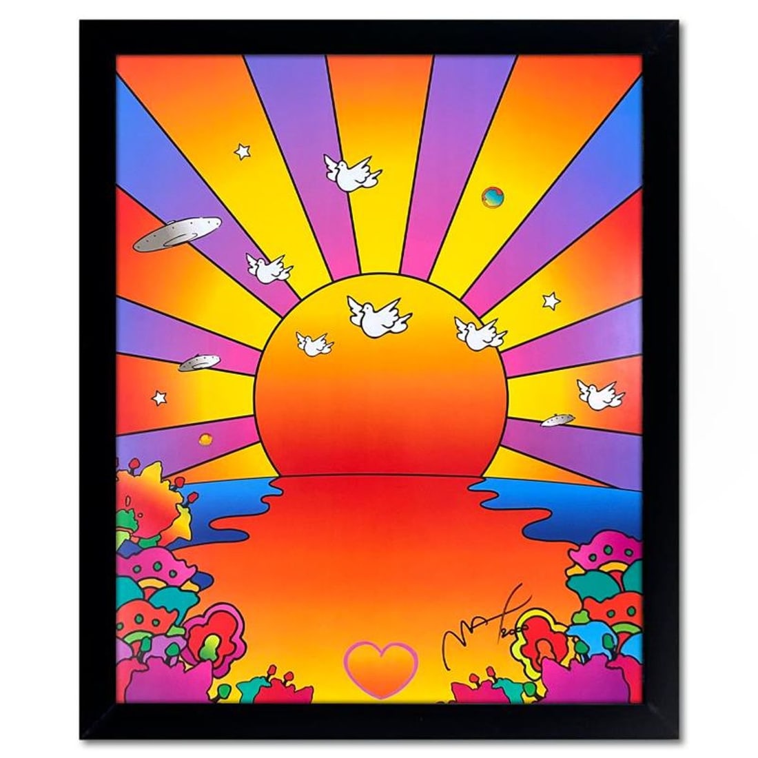 Peter Max, "Sunrise 2000" Framed Hand Signed Offset Lithograph with Letter of Authenticity.: Sunrise 2000 is an offset lithograph on paper by Peter Max, hand signed by the artist. This piece comes custom framed. Includes Letter of Authenticity. Measures approx. 23" x 28" (frame), 19" x 24" (i