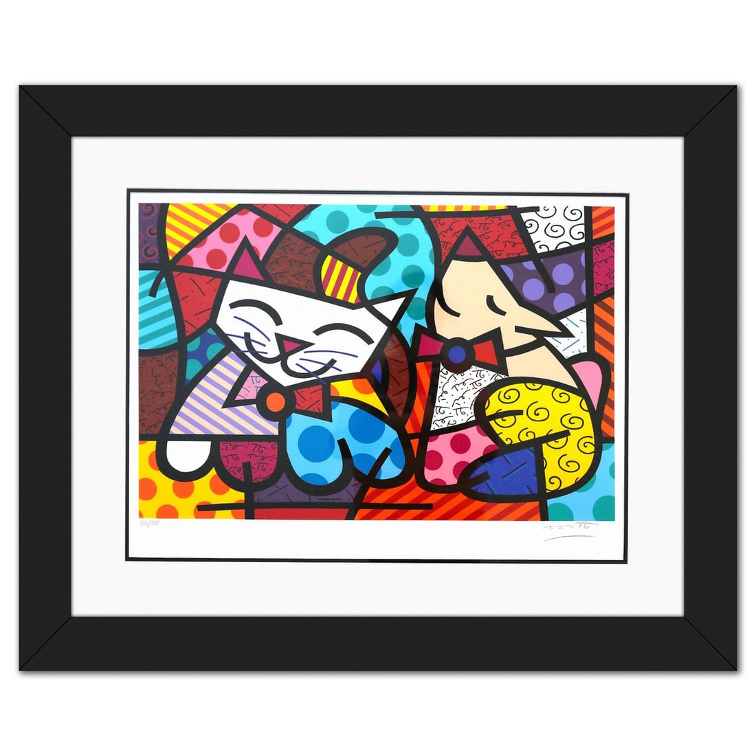 Romero Britto- Serigraph "Happy Cat & Snob Dog": Artist: Romero Britto. Medium: Serigraph. Title: Happy Cat & Snob Dog. Size: 18" x 25". Measures approx. 29" x 36" (framed). Signature: Hand signed and numbered. Certificate of Authenticity: Is includ