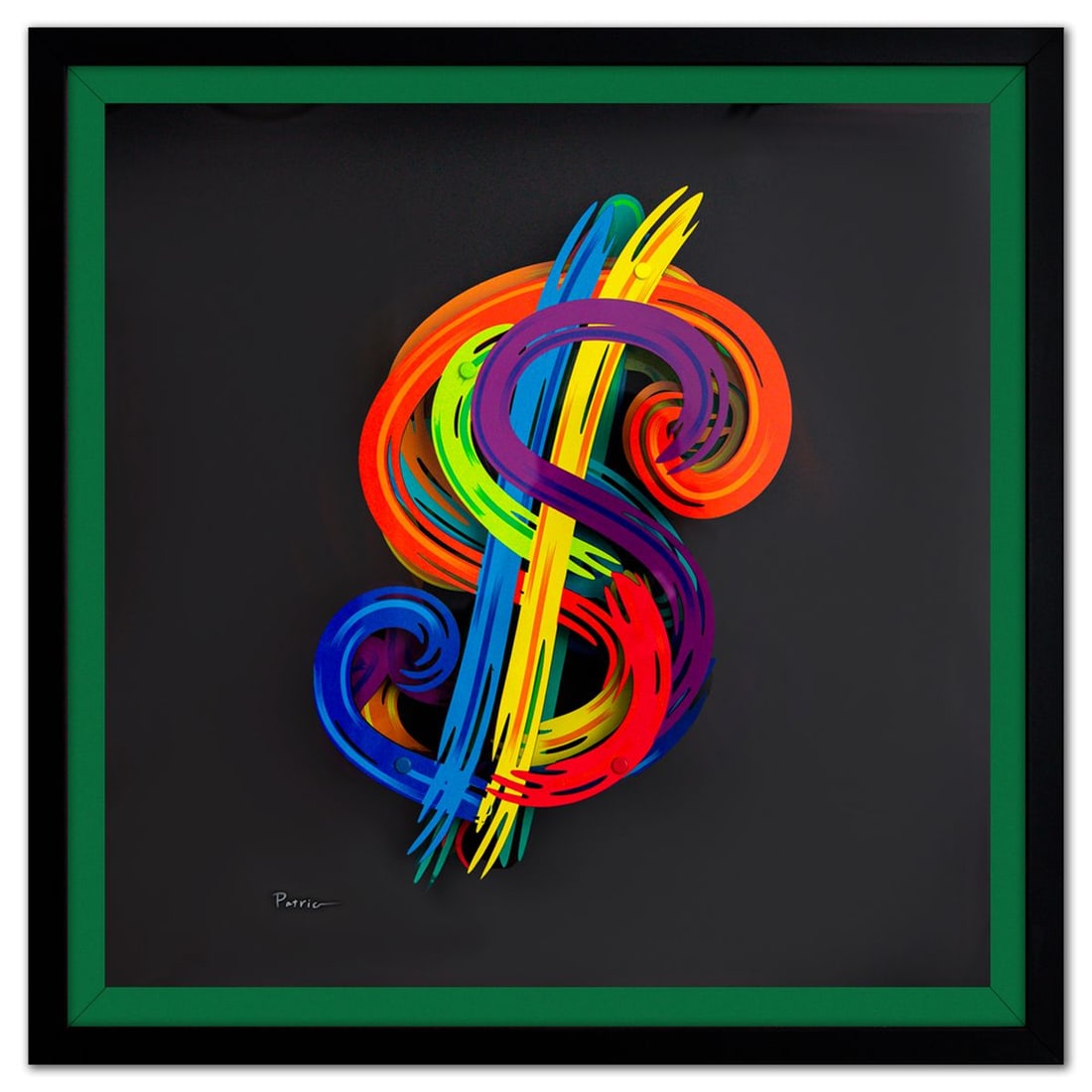 Patricia Govezensky- 3D Multilayered Woodcut "$": Artist: Patricia Govezensky. Medium: 3D Multilayered Woodcut. Title: $. Size: 13" x 10". Measures approx. 20" x 20" (framed). Signature: Hand Signed by the artist. Certificate of Authenticity: Is incl