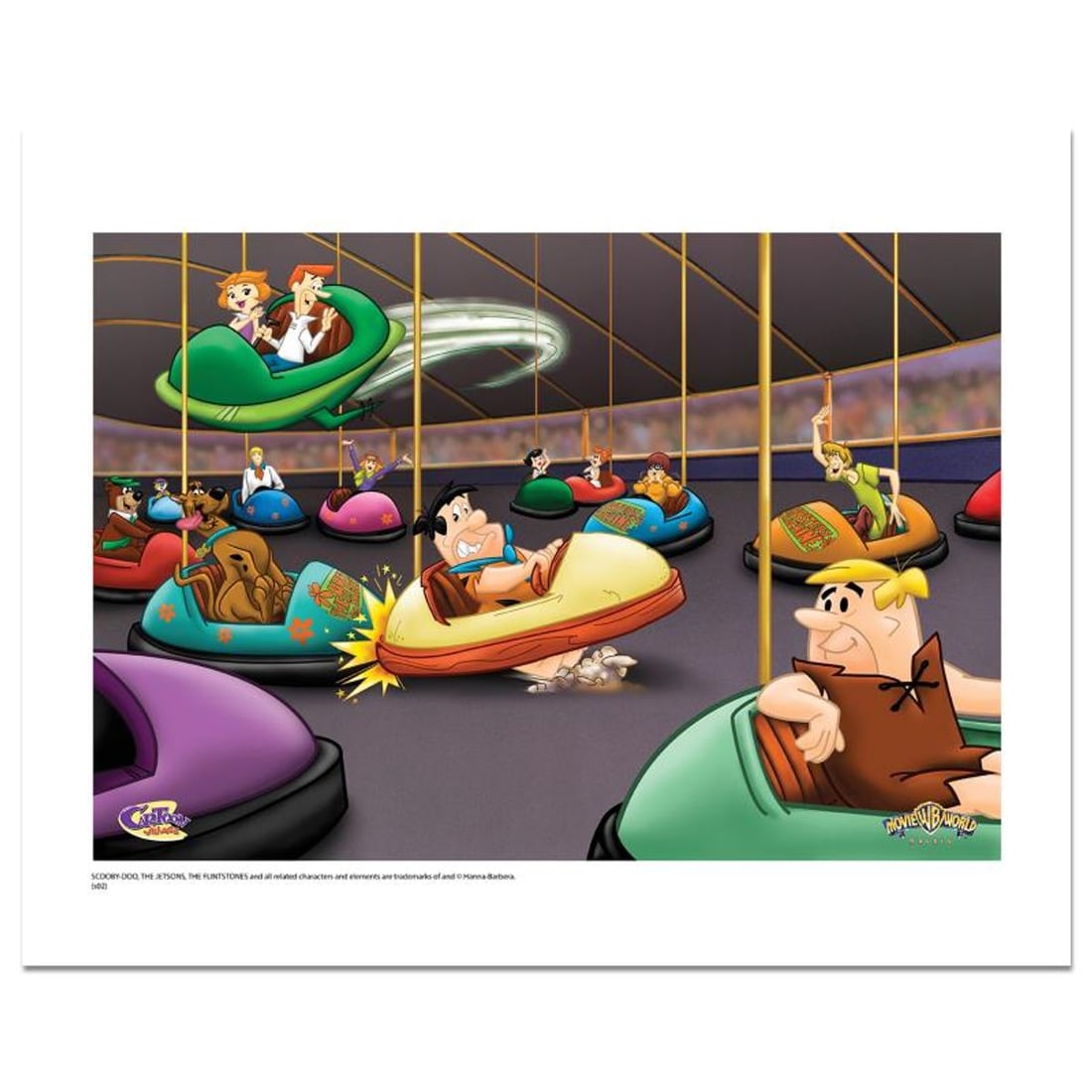 Hanna-Barbera "Bumper Cars" Numbered Limited Edition with Certificate of Authenticity.: Movie World Bumper Cars is a licensed limited edition giclee on paper featuring the classic Hanna-Barbera characters from The Jetsons, The Flintstones, Scooby-Doo, and more! It comes numbered, with ho