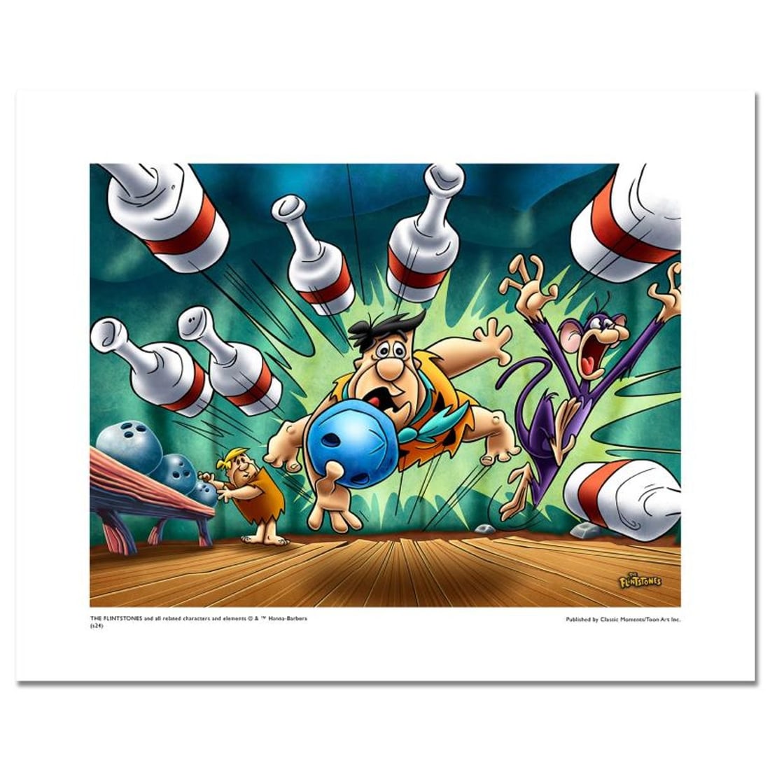 The Flintstones, "Fred Bowling" Numbered Limited Edition Giclee with Certificate of Authenticity.: Fred Bowling is a limited edition giclee on paper featuring Flintstones imagery from the iconic Hanna-Barbera show. Numbered and with a hologram seal, it includes a certificate of authenticity, Measur