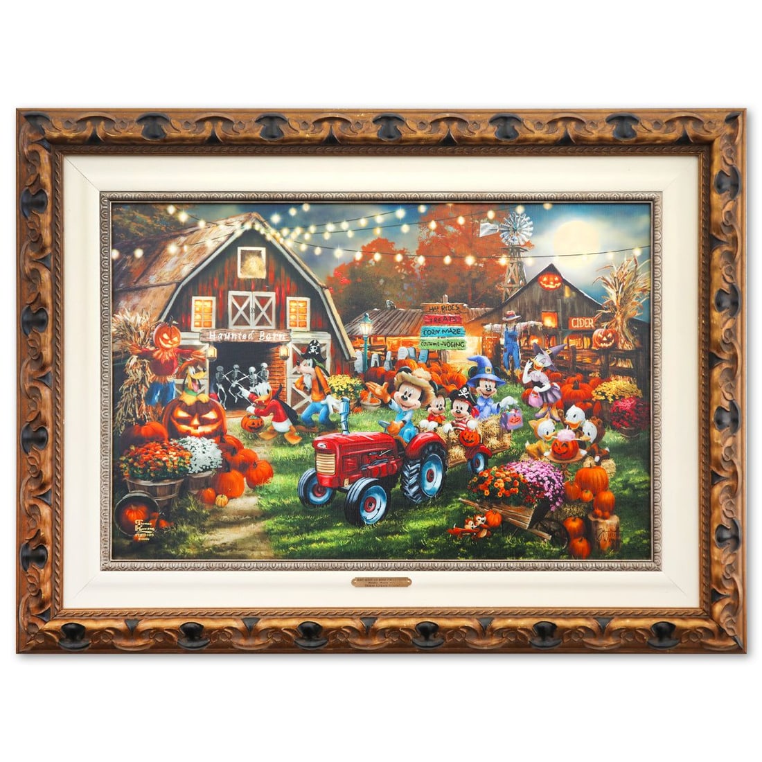 Thomas Kinkade- Hand Embellished Giclee on Canvas "Mickey and Minnie Pumpkin Festival": Artist: Thomas Kinkade. Medium: Hand Embellished Giclee on Canvas. Title: Mickey and Minnie Pumpkin Festival. Size: 17" x 26". Measures approx. 27" x 36" (framed). Signature: Hand signed and numbered.