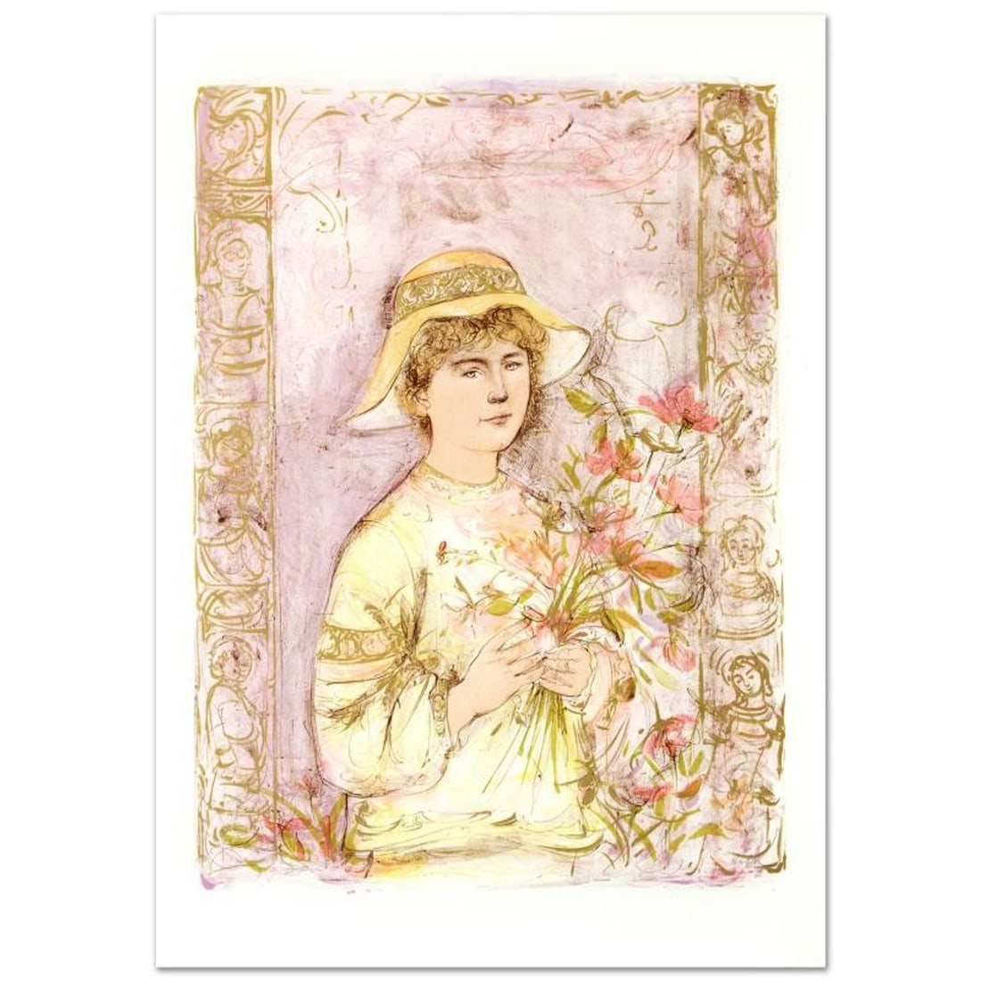 Flora Limited Edition Lithograph by Edna Hibel (1917-2014), Numbered and Hand Signed with: Flora is a limited edition lithograph on paper, numbered and hand signed by Edna Hibel (1917-2014). Includes Certificate of Authenticity! Measures approx. 25" x 35.5" (with border), 22" x 30" (image).