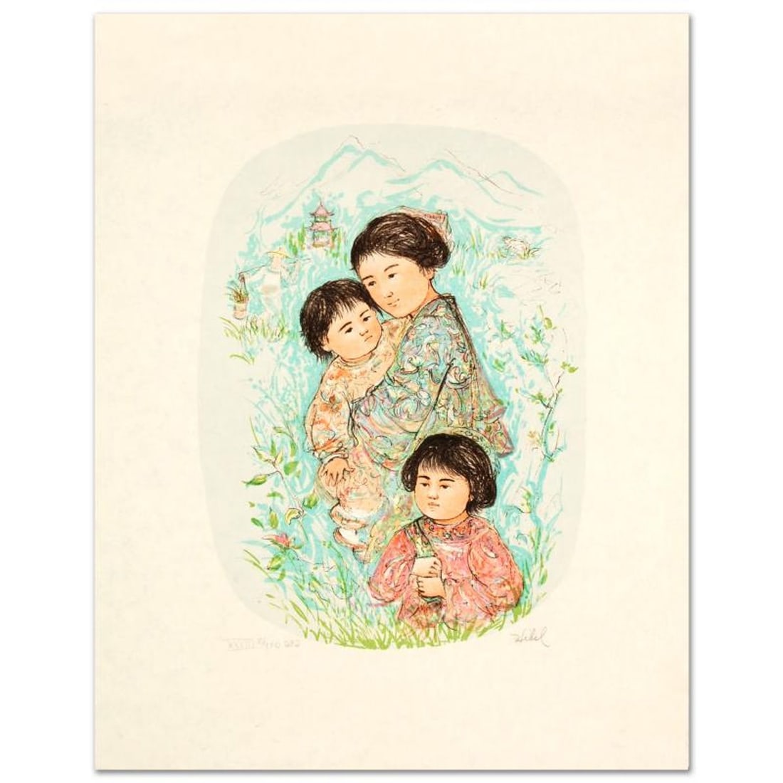 Leaving the Garden Limited Edition Lithograph by Edna Hibel (1917-2014), Numbered and Hand Signed: Leaving the Garden is a limited edition lithograph on paper, numbered and hand signed by Edna Hibel (1917-2014). Includes Certificate of Authenticity! Measures approx. 17.5" x 22" (with border), 11" x