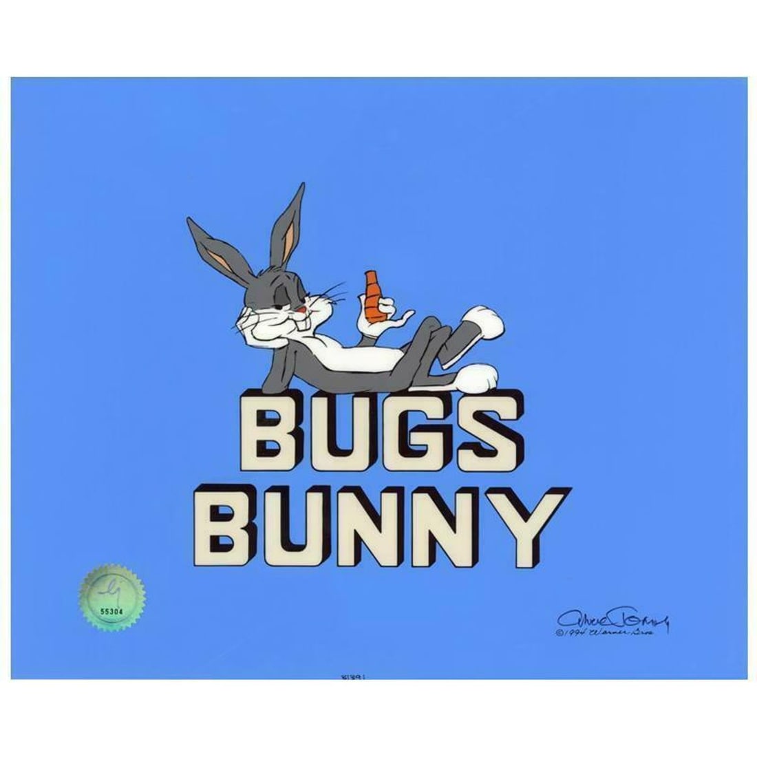 Chuck Jones (1912-2002) "Bugs Bunny Title Card" Hand Signed, Hand Painted Limited Edition Sericel.: Bugs Bunny Title Card is a limited edition animation cel with hand painted coloring on sericel outline. The piece is numbered, hand signed by Chuck Jones (1912-2002), and includes a Certificate of Aut