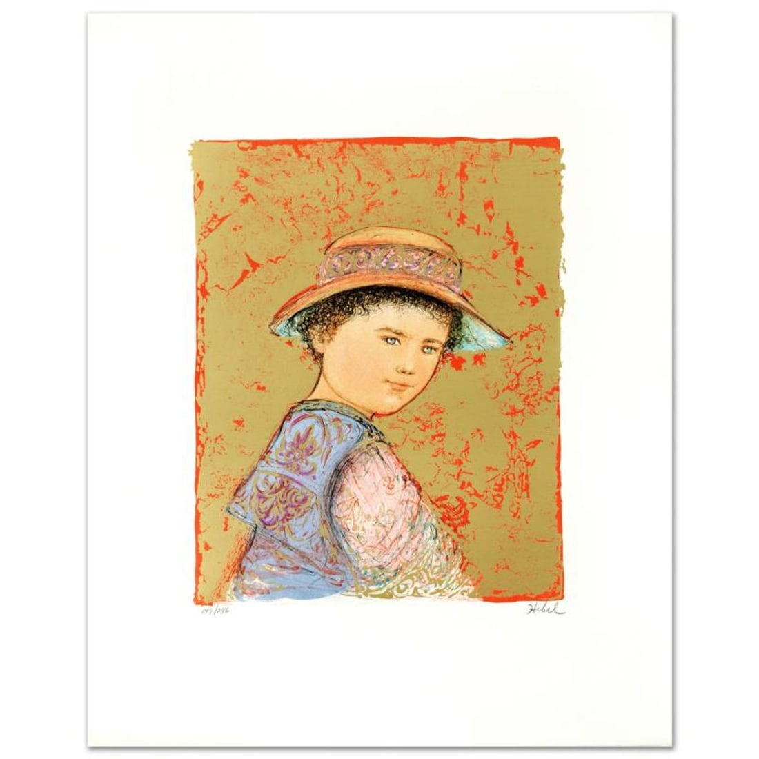 Joel Limited Edition Lithograph by Edna Hibel (1917-2014), Numbered and Hand Signed with Certificate: Joel is a limited edition lithograph on paper, numbered and hand signed by Edna Hibel (1917-2014). Includes Certificate of Authenticity! Measures approx. 18" x 22.5" (with border), 11" x 14" (image). 