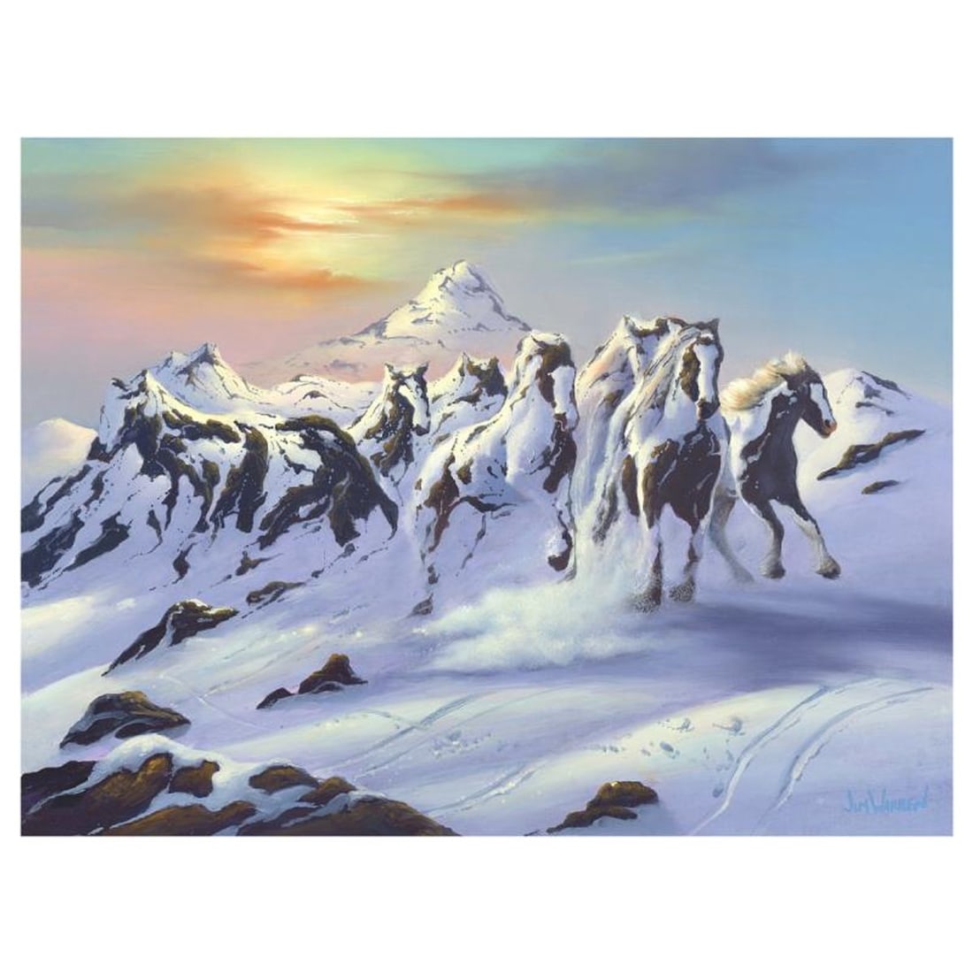 Jim Warren, "Horses in the Snow" Hand Signed, Artist Embellished AP Limited Edition Giclee on Canvas: Horses in the Snow is an AP numbered, artist embellished limited edition giclee on canvas by Jim Warren. The piece is hand signed and accompanied by a letter of authenticity. Measures approximately 18