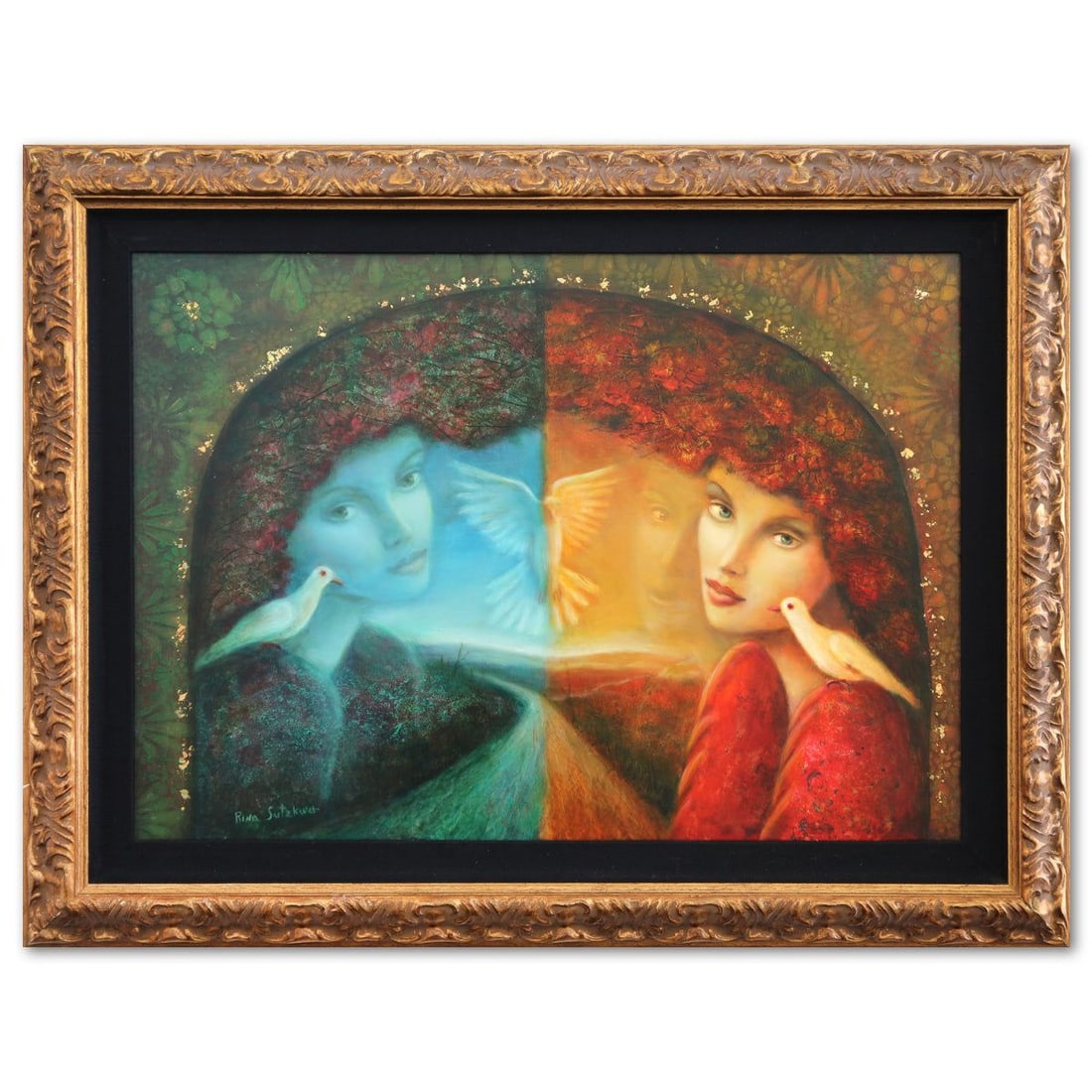 Rina Sutzkever- Oil on Masonite "Day and Night": Artist: Rina Sutzkever. Medium: Oil on Masonite. Title: Day and Night. Size: 20" x 28". Measures approx. 27" x 35" (framed). Signature: Hand Signed. Additional: Year:2006. Reference#: 74480.