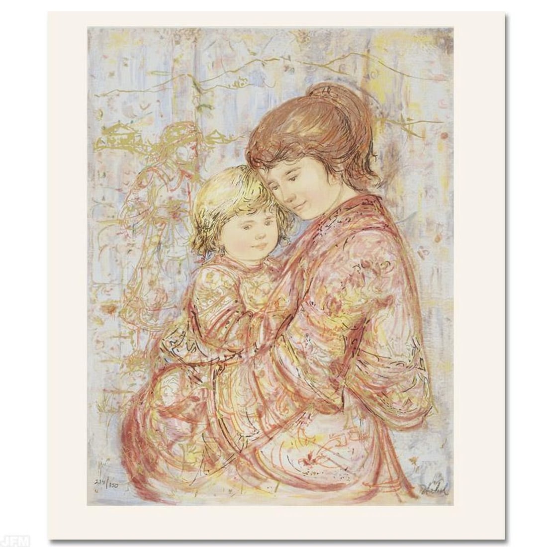 Carolina & Suellen Limited Edition Lithograph by Edna Hibel (1917-2014), Numbered and Hand Signed: Carolina & Suellen is a limited edition lithograph on paper, numbered and hand signed by Edna Hibel (1917-2014). Includes Certificate of Authenticity. Measures approx. 15" x 20" (with border), 12" x 1