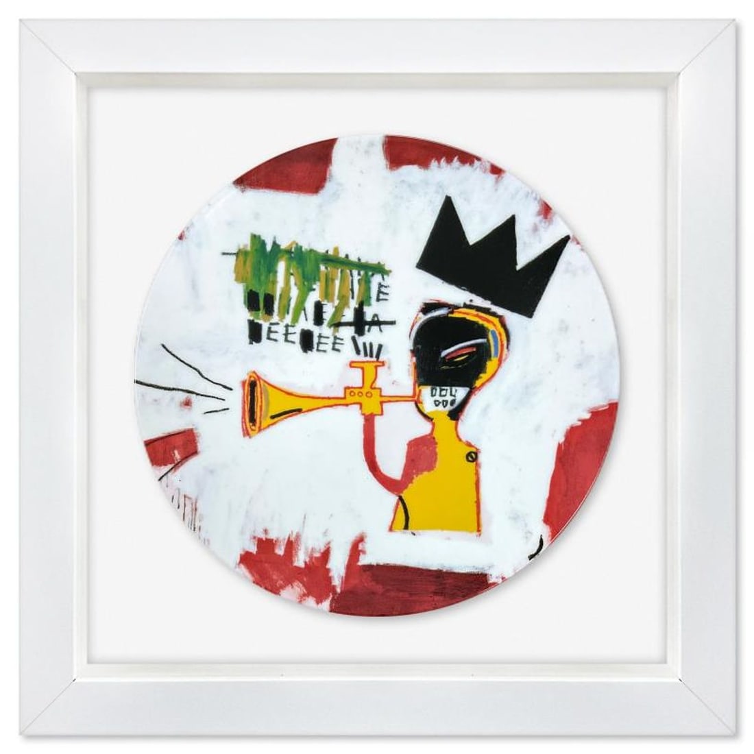 Jean-Michel Basquiat (1960-1988), "Trumpet 1984" Framed Limoges Porcelain Plate.: Trumpet 1984 is a Limoges porcelain plate bearing the plate signature inverso of Jean-Michel Basquiat (1960-1988). This plate is custom framed and floated on linen. Measures approx. 16" x 16" (frame),