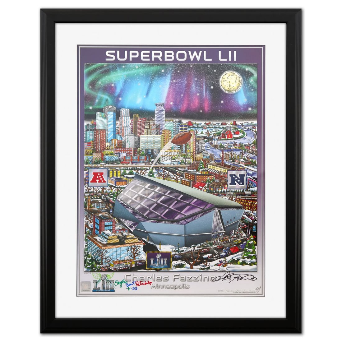 Charles Fazzino- Poster "Super Bowl Lll": Artist: Charles Fazzino. Medium: Poster. Title: Super Bowl Lll. Size: 24" x 18". Measures approx. 31" x 25" (framed). Signature: Hand signed. Certificate of Authenticity: Is included. Additional: 41/3