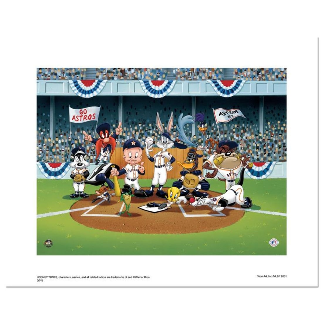 Line Up At The Plate (Astros) is a Limited Edition Giclee from Warner Brothers with Hologram Seal: Line Up At The Plate (Astros) is a limited edition giclee on paper from Warner Brothers featuring iconic Looney Tunes characters in Houston Astros MLB uniforms. It comes numbered, with hologram seal, 