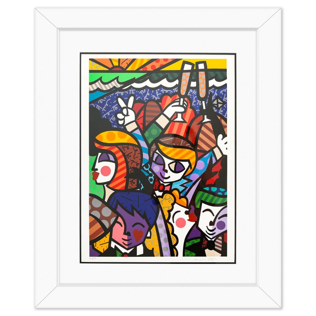 Romero Britto- Serigraph "Celebration": Artist: Romero Britto. Medium: Serigraph. Title: Celebration . Size: 25" x 18". Measures approx. 36" x 29" (framed). Signature: Hand signed and numbered. Certificate of Authenticity: Is included. Addi