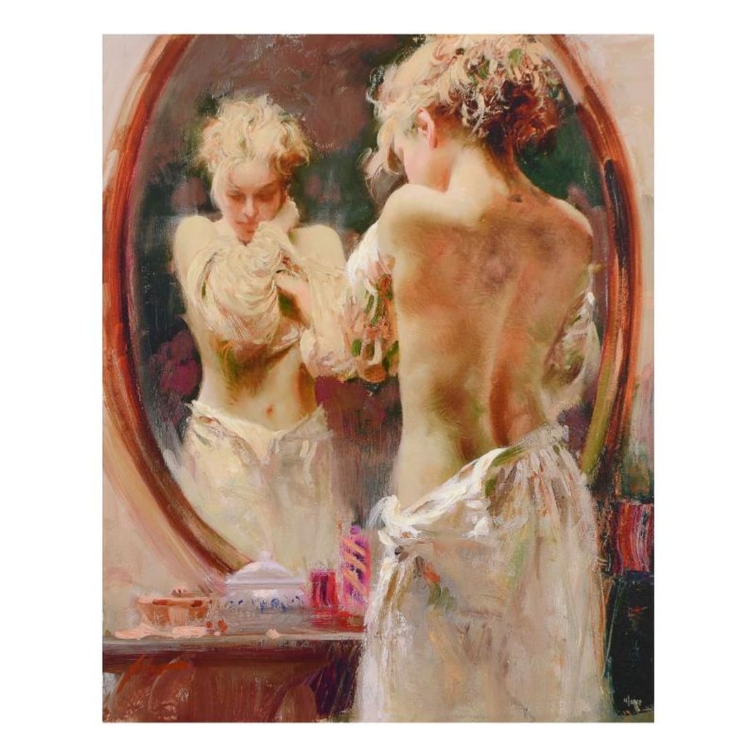 Pino (1939-2010), "Contemplation" Limited Edition Hand Embellished Giclee on Canvas. Numbered and: Pino's portraits allow glimpses into intensely personal, intimate spaces, conveying emotion through rich, warm color and sensual brushwork. "Contemplation" is a hand embellished limited edition giclee