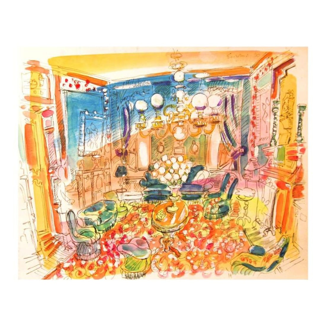 Wayne Ensrud, "Salon Verte of Chateau Lafite-Rothschild" Mixed Media Original Artwork; Hand Signed;: Salon Verte of Chateau Lafite-Rothschild is an original Mixed Media on Paper by Wayne Ensrud. The piece is hand signed by the artist and comes with a Certificate of Authenticity. Measures approximatel
