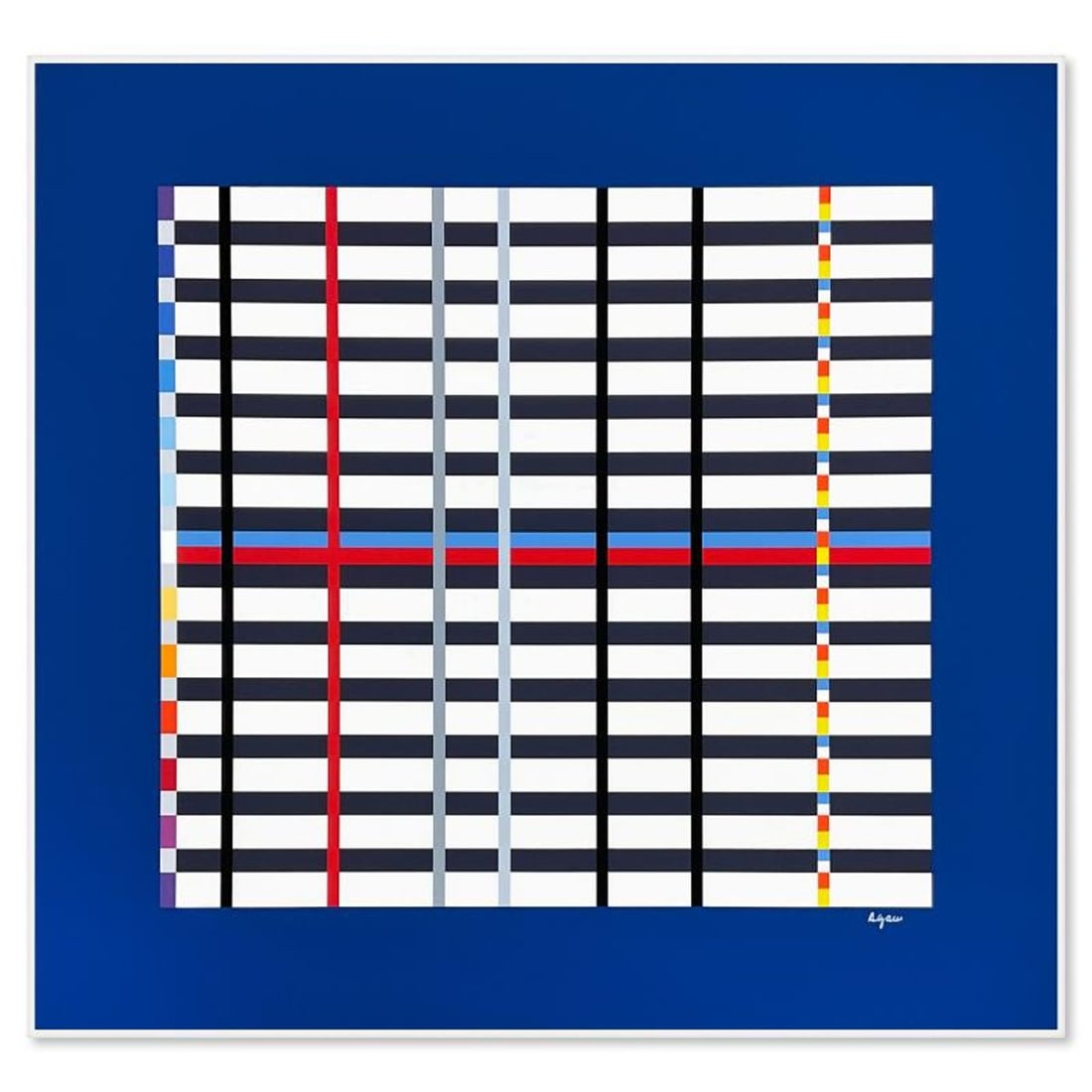 Yaacov Agam- Silkscreen Serigraph "Hommage du Mondrian (Dark Blue)": Artist: Yaacov Agam. Medium: Silkscreen Serigraph. Title: Hommage du Mondrian (Dark Blue). Size: 26.5" x 28". Signature: Signed and Numbered. Certificate of Authenticity: Is included. Reference#: 4905