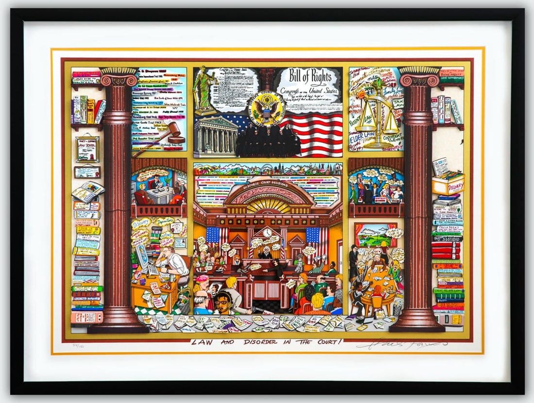 Charles Fazzino- 3D Construction Silkscreen Serigraph "Law and Disorder in the Court! (Yellow)": Artist: Charles Fazzino. Medium: 3D Construction Silkscreen Serigraph. Title: Law and Disorder in the Court! (Yellow). Size: 25" x 36". Measures approx. 33" x 43" (framed). Signature: Hand Signed and 