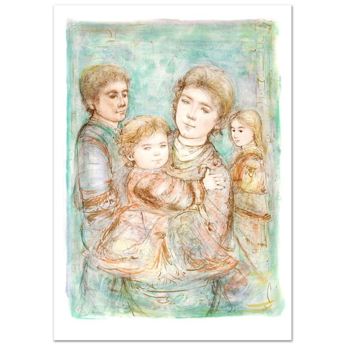Portrait of a Family Limited Edition Lithograph (28" x 40.5") by Edna Hibel (1917-2014), Numbered: Portrait of a Family is a limited edition lithograph on paper, numbered and hand signed by Edna Hibel (1917-2014). Includes Certificate of Authenticity! Measures approx. 31.5" x 44" (with border),