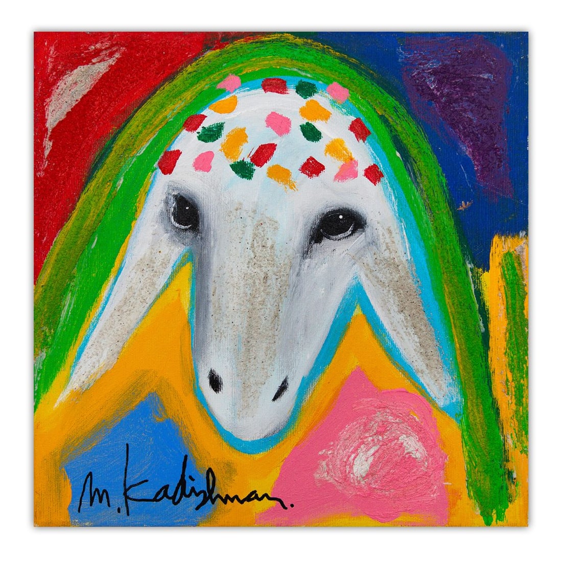 Menashe Kadishman- Original Acrylic on Canvas "Untitled": Artist: Menashe Kadishman. Medium: Original Acrylic on Canvas. Title: Untitled. Size: 12" x 12". Signature: Hand Signed by the artist. Certificate of Authenticity: Is included. Additional: Stretched