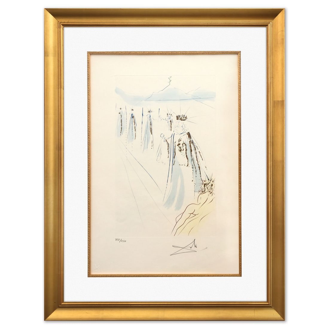 Salvador Dali- Original Lithograph "The King's Train": Artist: Salvador Dali. Medium: Original Lithograph. Title: The King's Train. Size: 22" x 15". Measures approx. 30" x 23" (framed). Signature: Hand signed and numbered. Certificate of Authenticity: Is 
