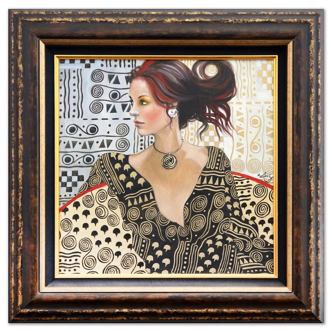 Loppo Martinez- Mixed Media on Canvas "Woman in Gold and Black Spirals": Artist: Loppo Martinez. Medium: Mixed Media on Canvas. Title: Woman in Gold and Black Spirals. Size: 18" x 18". Measures approx. 26" x 26" (framed). Signature: Hand Signed. Certificate of Authenticity