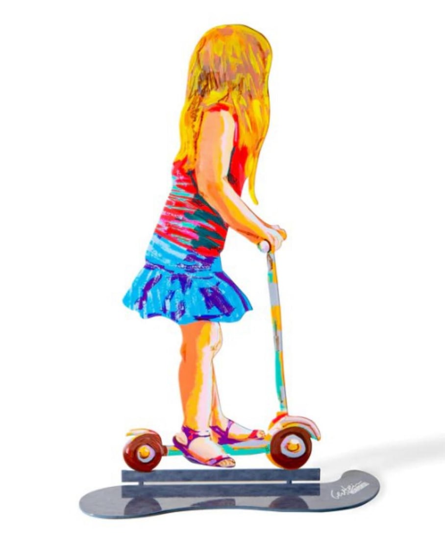 David Gerstein- Free Standing Sculpture "GIRL ON SCOOTER": Artist: David Gerstein. Medium: Free Standing Sculpture. Title: GIRL ON SCOOTER. Size: 14" x 9.1". Signature: Signed. Certificate of Authenticity: Is included. Additional: This piece is free standing 