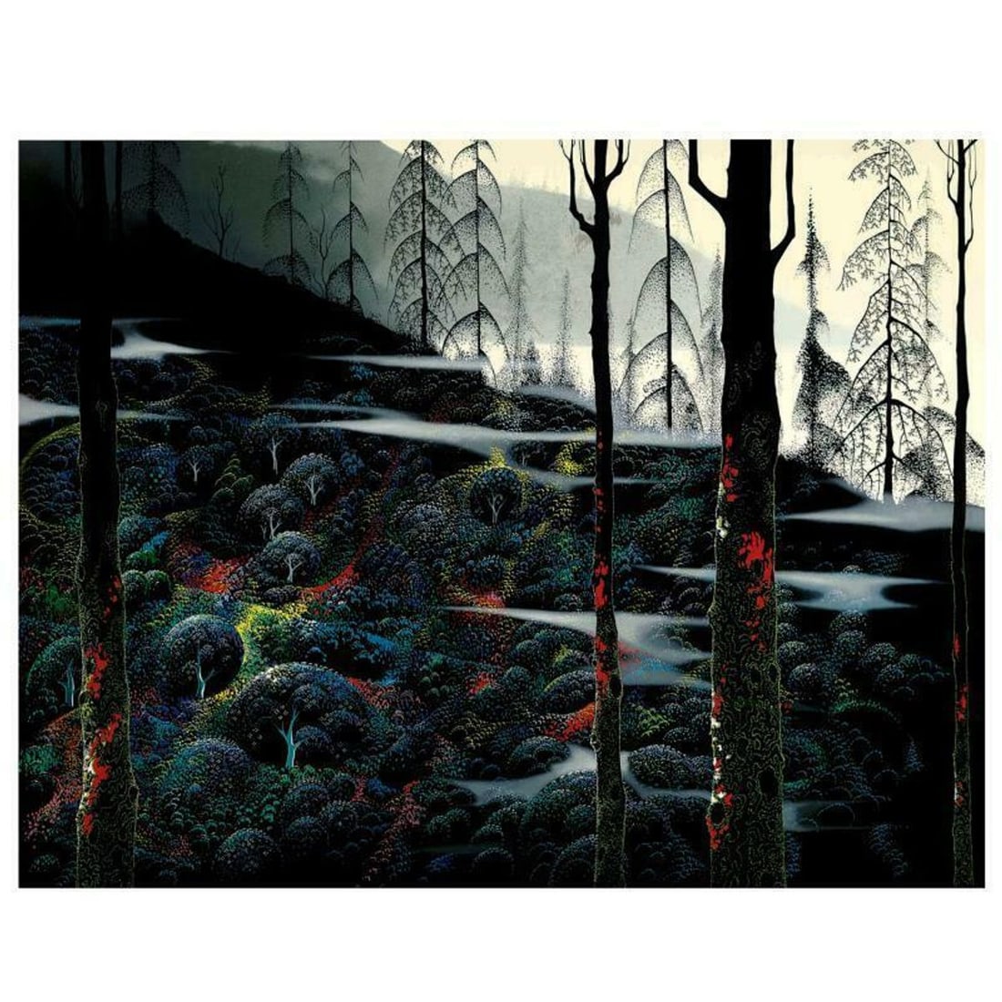 Eyvind Earle (1916-2000), "Dawns First Light" Limited Edition Serigraph on Paper; Numbered & Hand: Dawns First Light is a limited edition serigraph on paper by Eyvind Earle (1916-2000). The piece is numbered, hand-signed by the artist, and accompanied by a certificate of authenticity. Measures appr