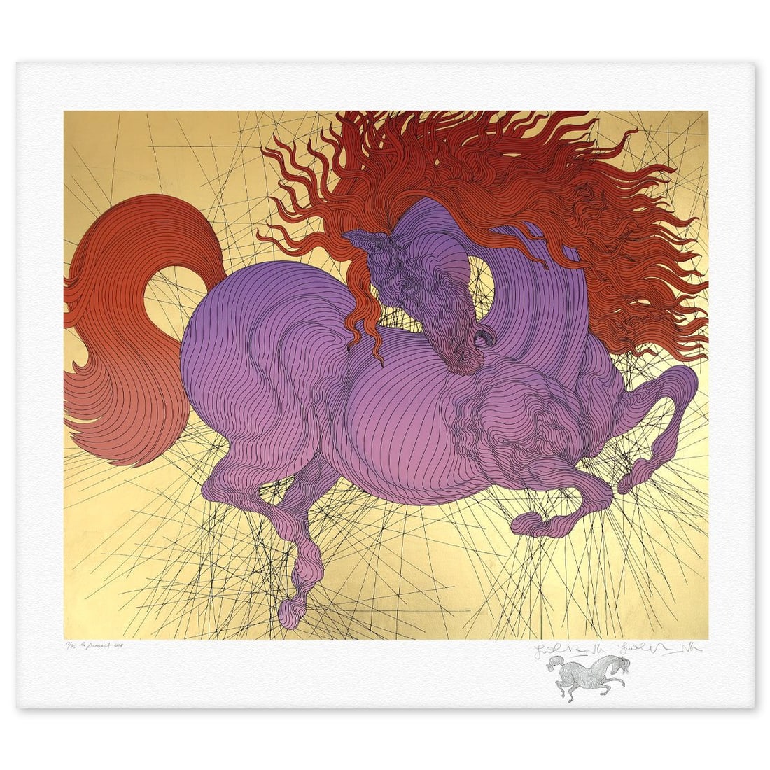 Guillaume Azoulay- Gold Leaf Silkscreen with Remarque "La Jument": Artist: Guillaume Azoulay. Medium: Gold Leaf Silkscreen with Remarque. Title: La Jument. Size: 35" x 40". Signature: Hand Signed and Numbered. Certificate of Authenticity: Is included. Reference#:
