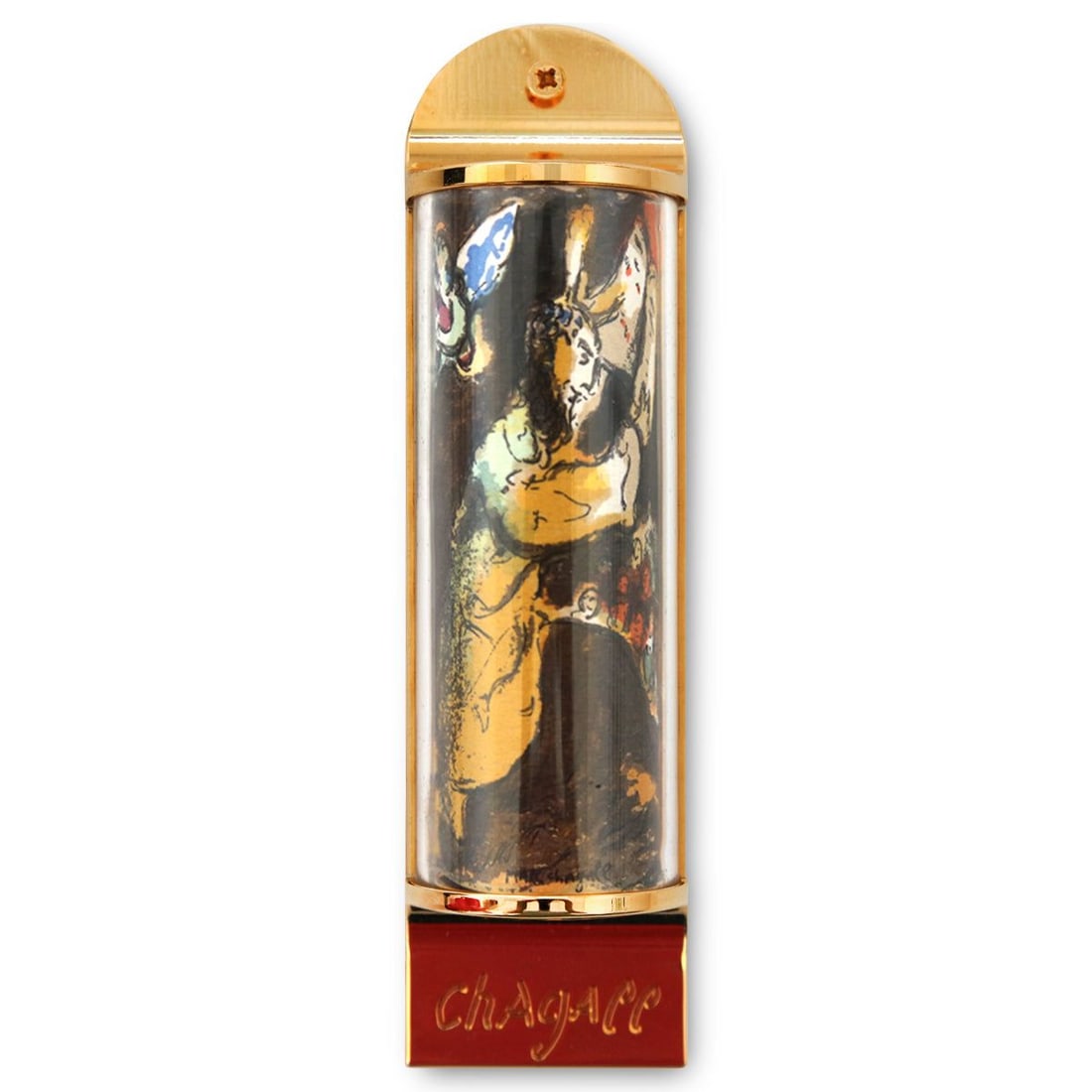Marc Chagall- Mezuzah/ Silkscreen on 24K gold plated bronze: Artist: Marc Chagall. Medium: Mezuzah/ Silkscreen on 24K gold plated bronze. Size: 5.1" x 1.4". Certificate of Authenticity: Is included. Additional: Limited edition of 1800. Full color silkscreen on