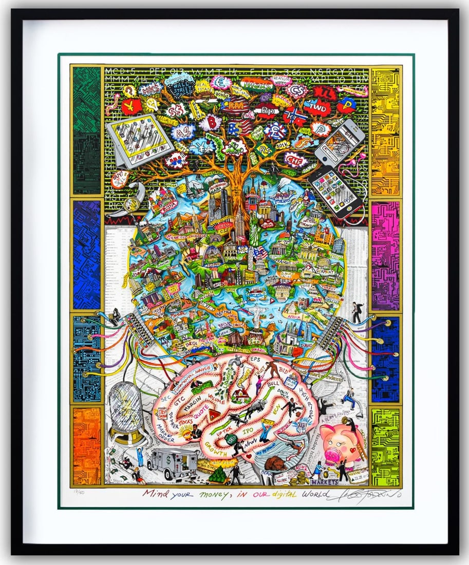 Charles Fazzino- 3D Construction Silkscreen Serigraph "Mind Your MoneyIn Our Digital Age (Blue)": Artist: Charles Fazzino. Medium: 3D Construction Silkscreen Serigraph. Title: Mind Your MoneyIn Our Digital Age (Blue). Size: 30" x 23". Measures approx. 36" x 29" (framed). Signature: Hand Signed and