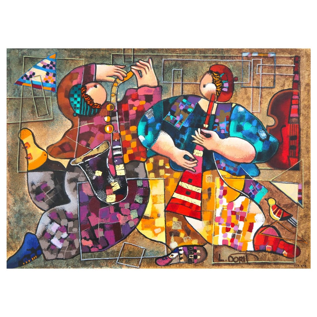 Dorit Levy- Hand Embelished Serigraph on Canvas "Jazz Dancers": Artist: Dorit Levy. Medium: Hand Embelished Serigraph on Canvas. Title: Jazz Dancers. Size: 14" x 19". Signature: Hand signed and numbered. Reference#: 74806.