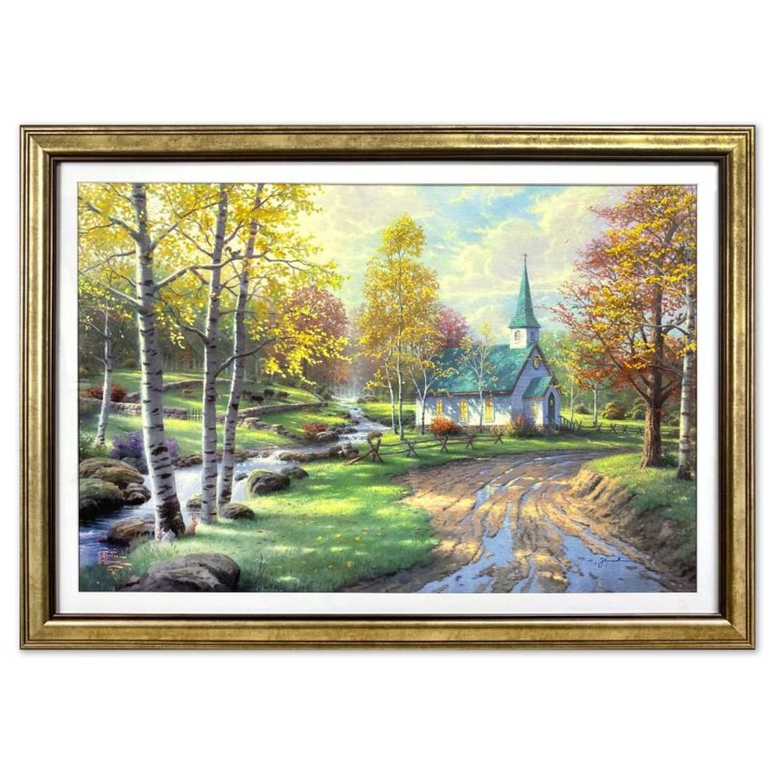 Thomas Kinkade (1958-2012), "The Aspen Chapel" Framed Limited Edition Lithograph, Numbered and: The Aspen Chapel is a limited edition offset lithograph on paper by Thomas Kinkade (1958-2012), numbered and bearing Kinkade's authorized signature. This piece is framed. Measures approx. 31" x 43" (f