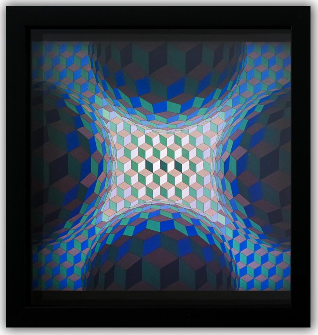 Victor Vasarely- Heliogravure Print "Cheyt - Stri - Ton": Artist: Victor Vasarely. Medium: Heliogravure Print. Title: Cheyt - Stri - Ton. Size: 10" x 10". Measures approx. 12" x 12" (framed). Additional: Custom Framed , 1975. Reference#: 21403.