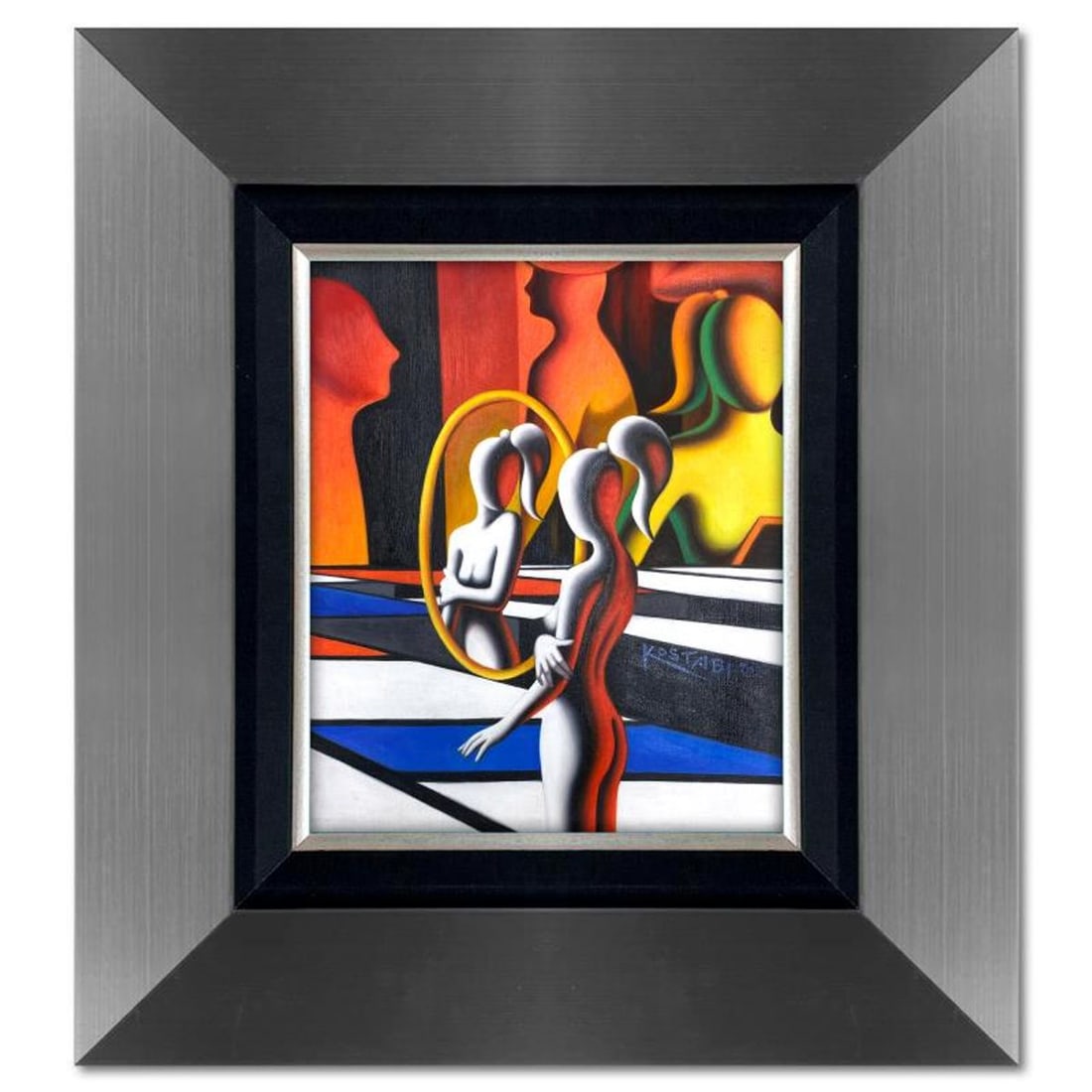 Mark Kostabi, "Getting to Know Me" Framed Original Oil Painting on Canvas, Hand Signed with a: Getting to Know Meis an original oil painting on canvas by Mark Kostabi, hand signed by the artist. This piece comes custom framed. Includes Certificate of Authenticity. Measures approx. 22.5" x 20.5"