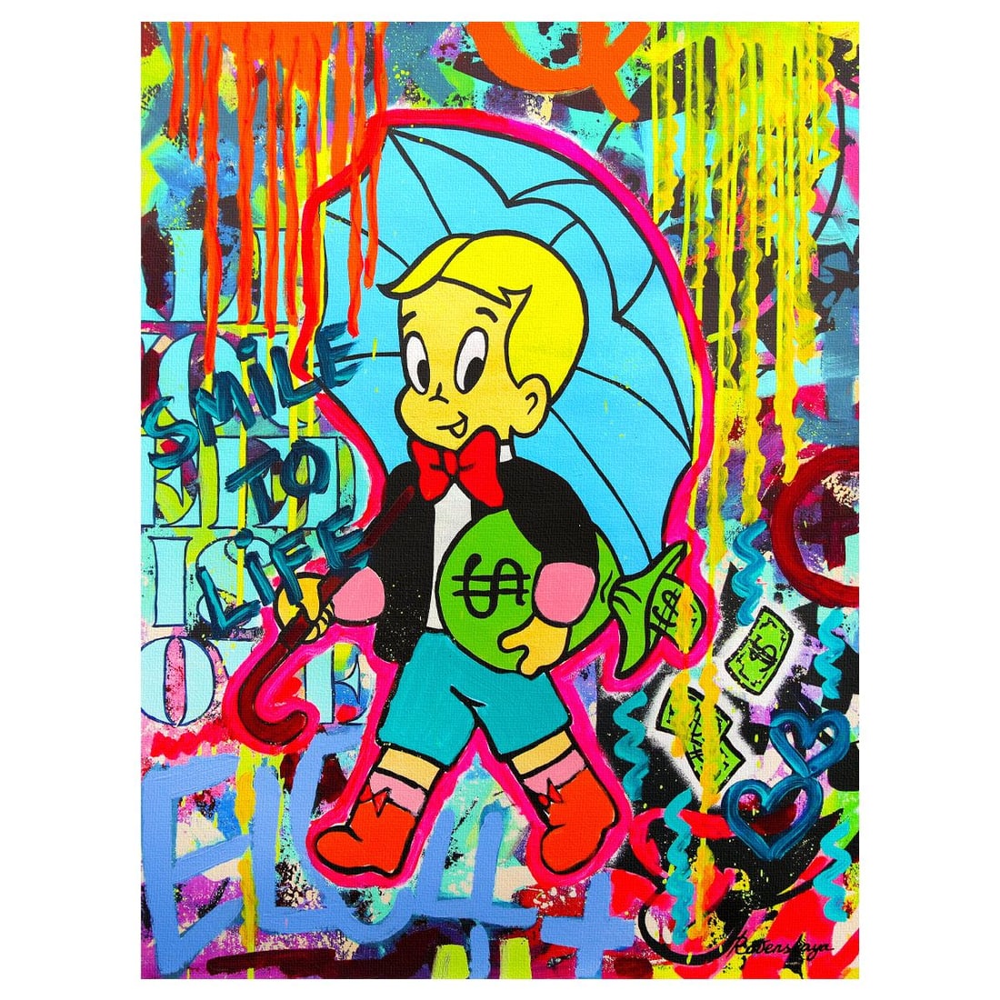 Nastya Rovenskaya- Original Mixed Media on Canvas "Wealth Under Shelter": Artist: Nastya Rovenskaya. Medium: Original Mixed Media on Canvas. Title: Wealth Under Shelter. Size: 40" x 30". Signature: Hand Signed by the artist. Certificate of Authenticity: From the publisher. 